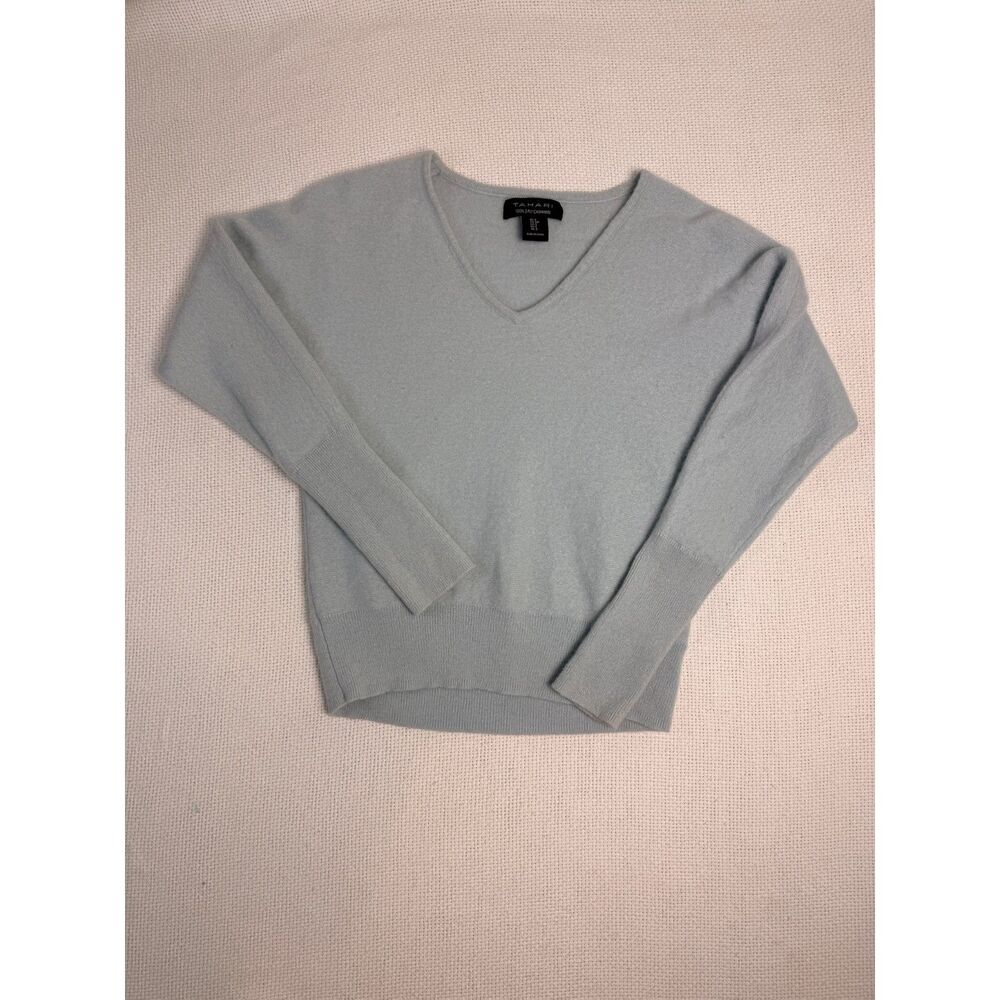 Tahari 100% 2-Ply Cashmere Sweater Women's Small Light Blue V-Neck Luxury Knit